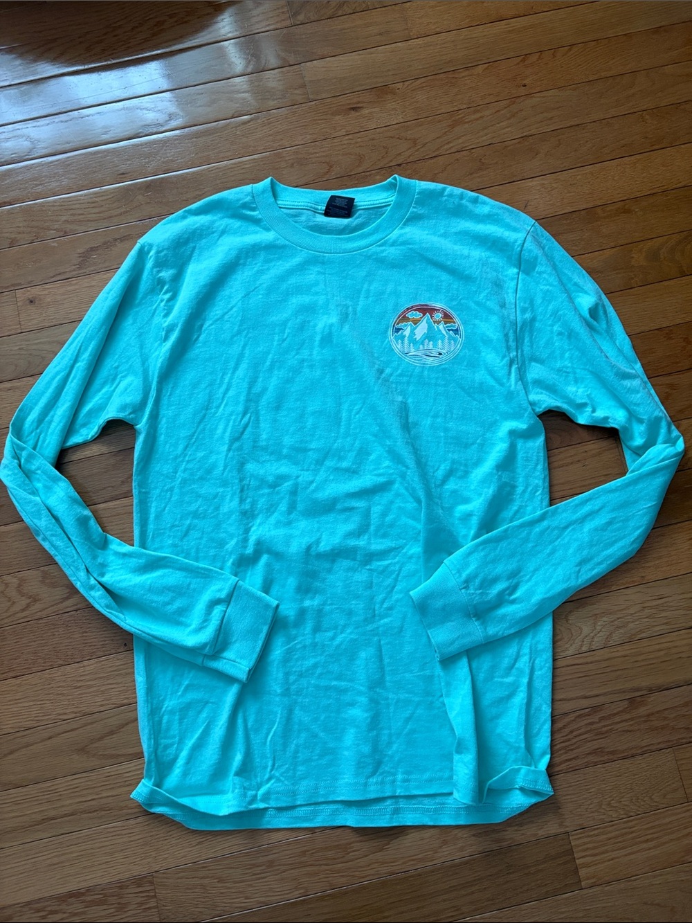Men's Long Sleeve Crewneck Shirt in Aqua with Mountain Patch